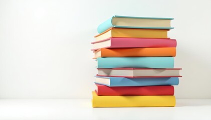 Colorful books stacked high, bright covers, white background , isolated, leather, paper