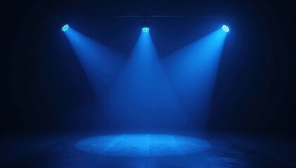 Cool blue spotlight on black background, studio lamps visible, contrast, dramatic, lamps