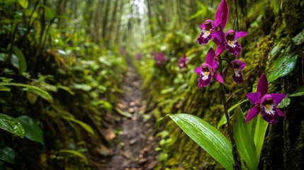 Obraz premium Purple Orchid Blooms Along Lush Forest Path in Green Jungle