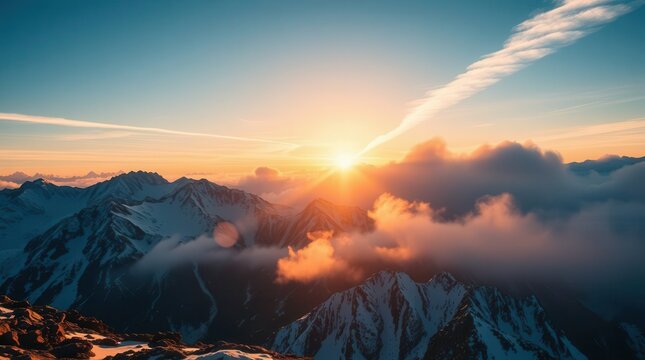 Breathtaking Sunrise Over Snow-Capped Mountain Peaks in 8K
