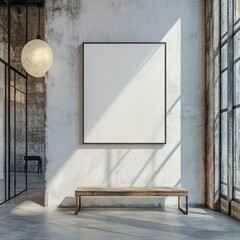 Sunlit loft interior with blank canvas and bench.
