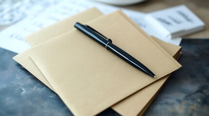 Several light brown envelopes rest atop a dark surface with a black pen laying on top.