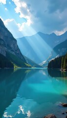 Obraz premium Serene mountain lake, vibrant blue water, God rays pierce clouds , majestic, horizon, background