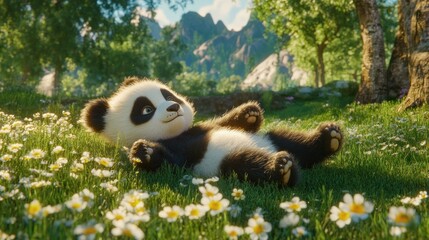 Panda Cub Relaxing in Meadow
