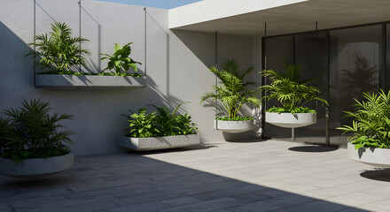 Modern Outdoor Patio Featuring Floating Concrete Planters in a Minimalist Design