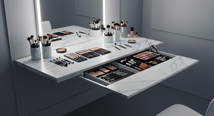 Elegant Makeup Vanity Desk with Marble Top and Modern Lighting Design