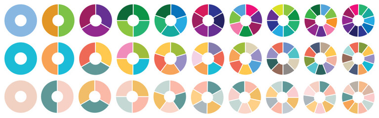 Circle pie chart diagram. Circle section graph. 1,2,3,4,5,6,7,8,9,10,11,12 sections or steps. Colorful Pie chart set. Pie chart circle. Flat process cycle. Progress sectors. vector - EPS 10