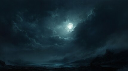 Obraz premium Moonlit Night Landscape, Misty Mountains, Dark Sky, Dramatic Scene, Wallpaper