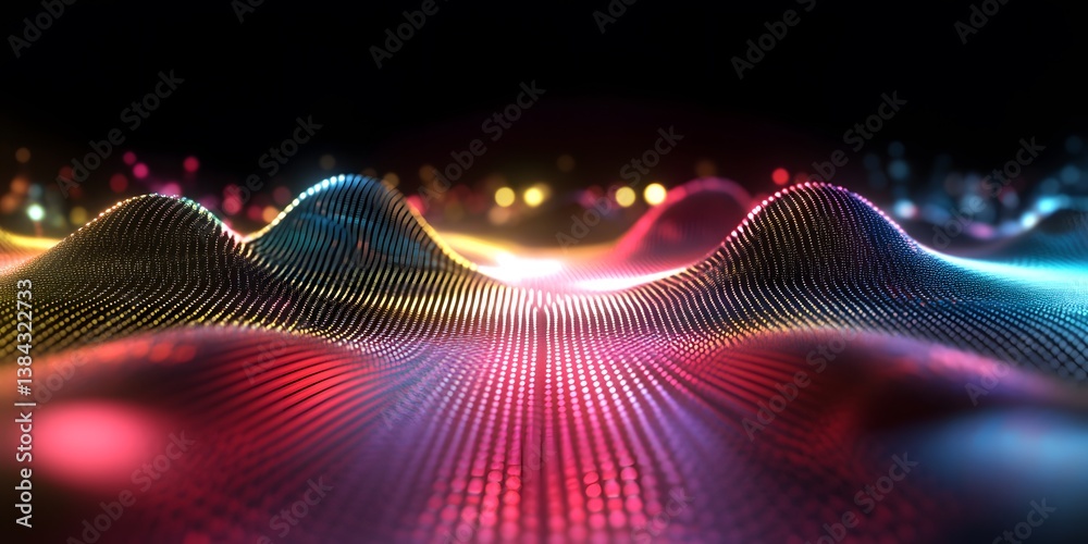 Poster colorful waves of light and digital particles in a dark background