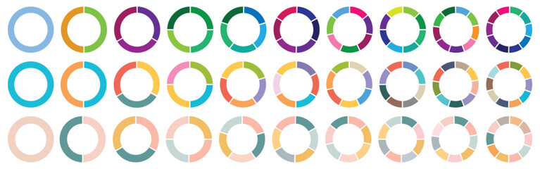 Pie chart set, segmented circle icons, circle diagram. Pie chart divided 1,2,3,4,5,6,7,8,9,10 equal parts. Infographic wheel segment or sections parts. Vector illustration