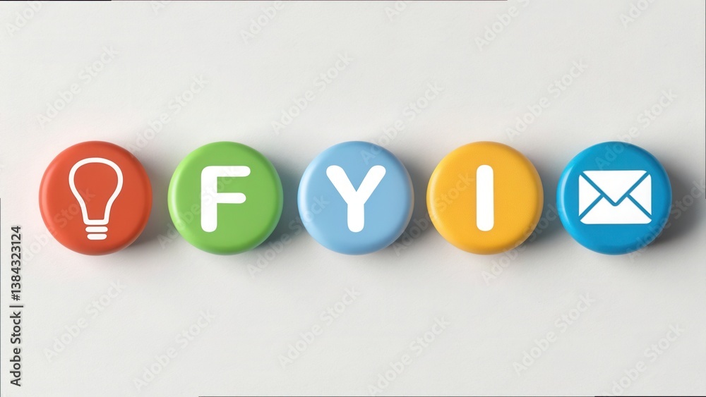 Poster scattered icons forming letters fyi on light background