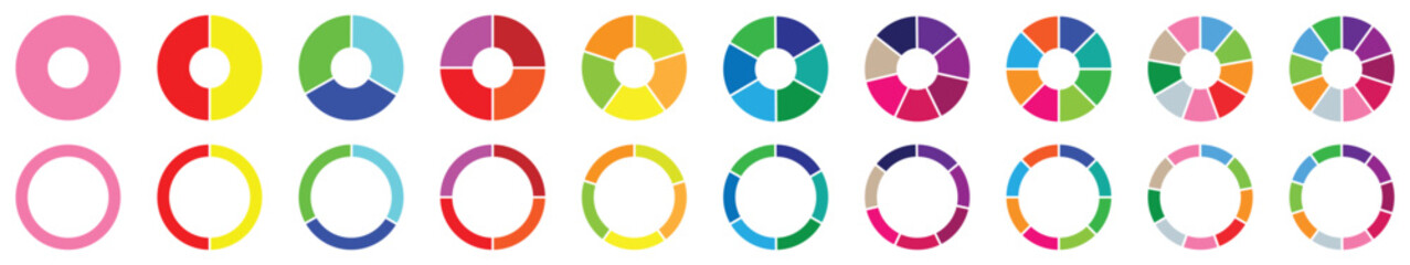 Pie chart set Circle pie chart diagram. Circle icons for infographic. Colorful diagram collection with 2,3,4,5,6,7,8,9,10, sections or steps. Flat process cycle. Progress sectors, vector-eps 10