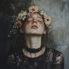 Serene Woman with Flower Crown: Dark Beauty Portrait