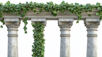Naklejka premium Ancient stone columns, overgrown with ivy, isolated on white background