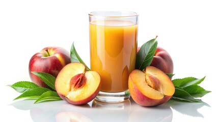 Low Light Peach Juice Photography: Ripe Peaches, Glass, Leaves