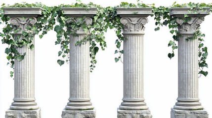 Naklejka premium Four antique stone columns with ivy, isolated on white background