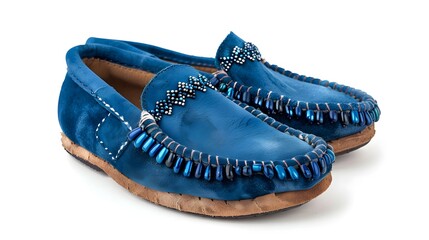 Pair of blue suede moccasins with intricate beadwork detailing. Comfortable and stylish ethnic footwear. isolated on white background