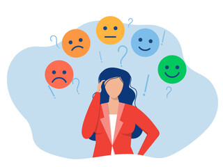 Businesswoman suffers from hormonal with a change in mood. Mental health Suffering from bipolar disorder,emotional themes. sad, angry, bored, sad. flat vector illustration.
