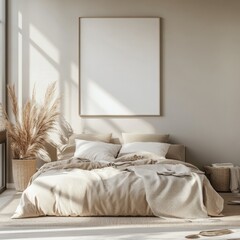 Sunlit minimalist bedroom with pampas grass and large empty frame mockup.
