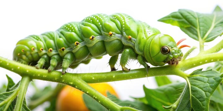 Macro Photography: Green Tomato Hornworm Caterpillar Eating Tomato Leaf - Organic Garden Pest