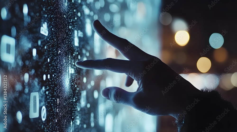 Poster a hand interacts with a digital interface displaying glowing binary code at night. the city lights b