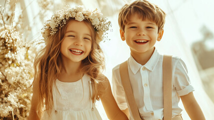 Kids at a boho wedding, girl with a flower crown, boy in linen pants and suspenders, playful and joyful mood