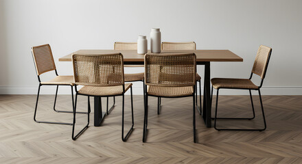 Dining Chairs With Black Metal Frames And Woven Seats In Minimalist Style