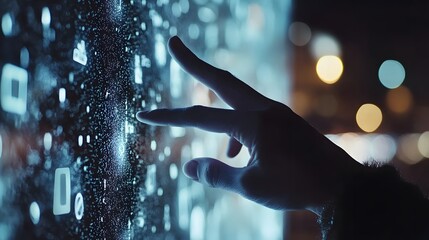 A hand interacts with a digital interface displaying glowing binary code at night.  The city lights blur in the background, creating a futuristic, technological feel.