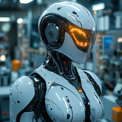 Fototapeta premium An advanced humanoid robot with sleek metallic armor, standing in a high-tech laboratory