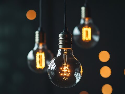 Swinging light bulbs in dark room with space for text below
