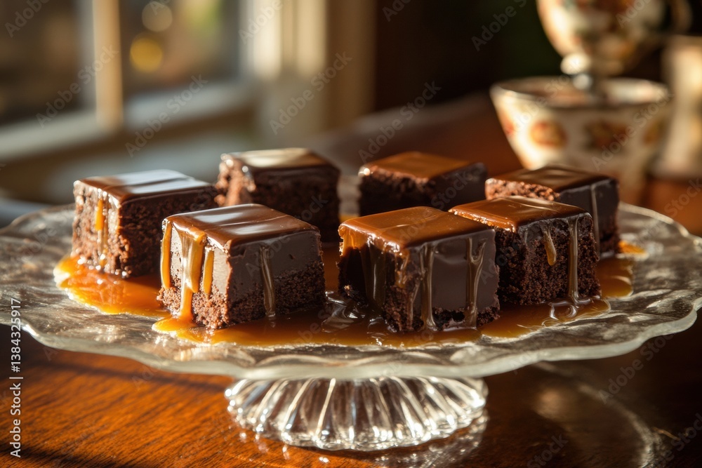 Poster indulge in dark chocolate squares with caramel drips and glossy textures under soft golden light