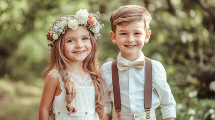 Kids at a boho wedding, girl with a flower crown, boy in linen pants and suspenders, playful and joyful mood
