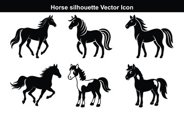 A black vector set features running horse silhouettes, a wild animal illustration collection.