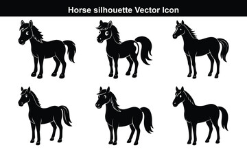 A black vector set features running horse silhouettes, a wild animal illustration collection.