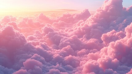 Aerial sunset view above pink cloudscape, peaceful serene background, ideal for travel or dreamlike designs