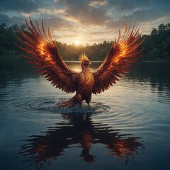 Fantasy-style artwork of a phoenix emerging from a magical lake.