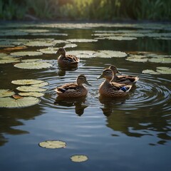 A realistic 3D render of a duck family floating in a calm pond.