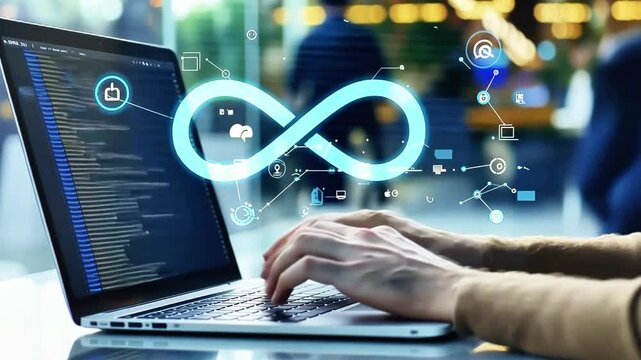 Exploring Innovation in Technology Coding and Data on Laptop Surrounded by Digital Connections and Software Icons