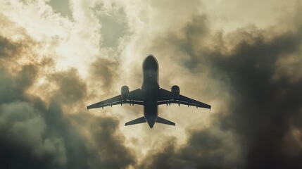 Airplane descending through clouds, sunset backdrop, travel photography