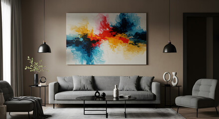 Modern Living Room Interior with Abstract Art and Minimalist Furniture