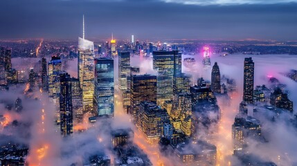 Fototapeta premium NYC Skyline Through Fog at Night