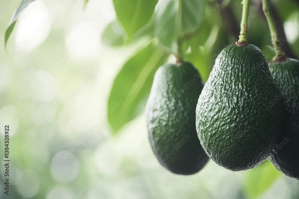 Poster ripened avocados hang from a lush tree branch in a serene orchard background