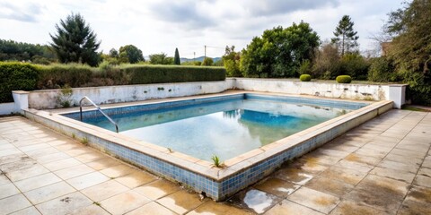 Abandoned Pool, Derelict Garden, Summer Neglect, Overgrown Swimming Pool, Empty Pool, Decaying Pool, Summer Garden, Weathered Pool, Sunken Pool,  Pool Disrepair,  Ruined Pool,  Forgotten Summer