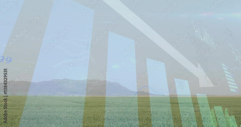 Poster bar graph and arrow animation over green field with mountains in background
