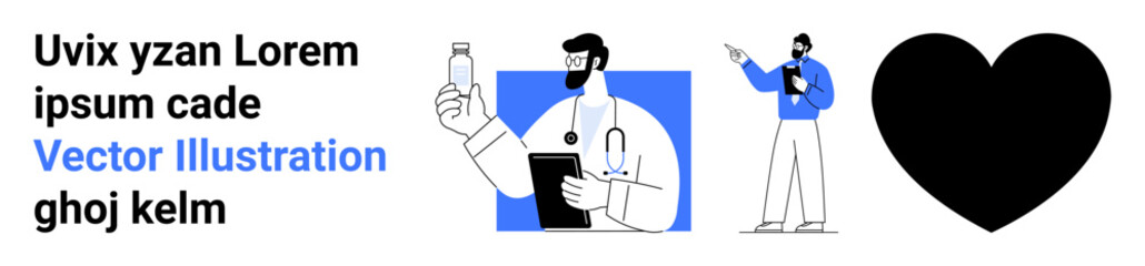 Doctor with a pill bottle alongside a speaker presenting and a black heart representing health or love. Ideal for healthcare, education, love, wellness, presentations, consulting, and simple landing