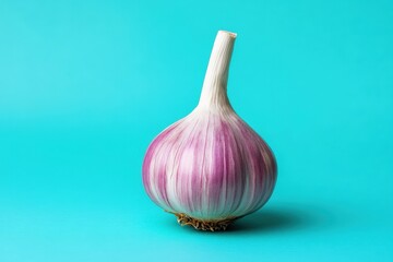 A single bulb of garlic appears against a bright turquoise background