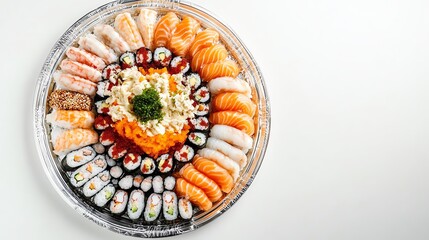 Sushi Platter Featuring a Variety of Rolls and Sashimi Arranged in a Circular Design With Vibrant Colors