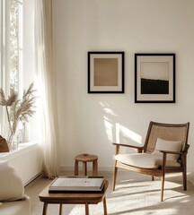 Sunlit minimalist living room corner with armchair, wooden coffee table, and artwork.