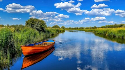 Obraz premium Peaceful boat on a serene river