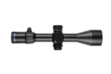 A black rifle optic featuring a large lens and precision adjustment knobs, showcased on a simple white background.